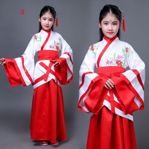 Girls kids blue red chinese folk dance costumes fairy hanfu big wide sleeves ru skirts han tang song film drama princess cosplay ancient folk costumes for children 